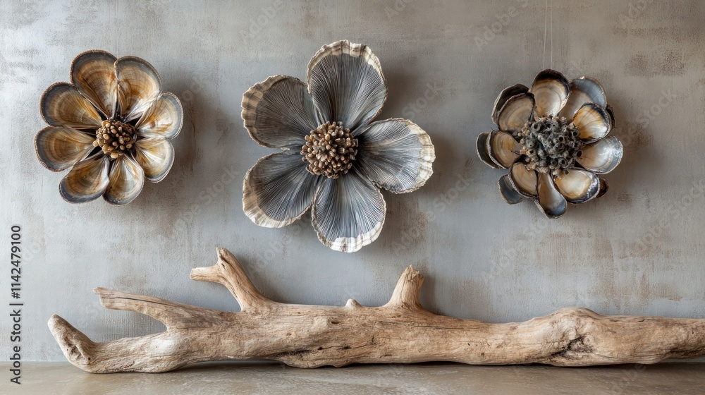 Fototapeta premium Decorative wall art of three flower-shaped sculptures made of seashells, resting on a light gray concrete wall, with a driftwood branch placed horizontally in the foreground.