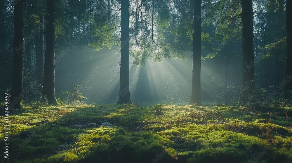 Obraz premium Sunbeams Through Misty Forest: A Serene Woodland Landscape