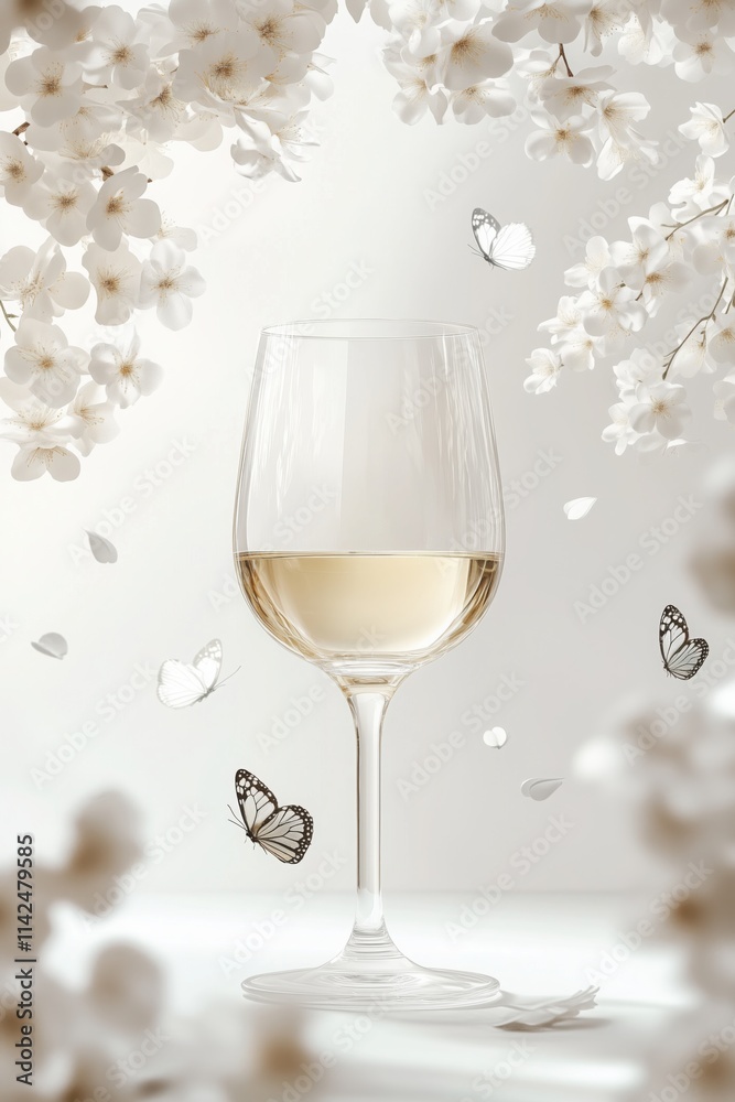 White wine glass, butterflies and cherry blossom flowers White wine glass, butterflies and cherry blossom flowers