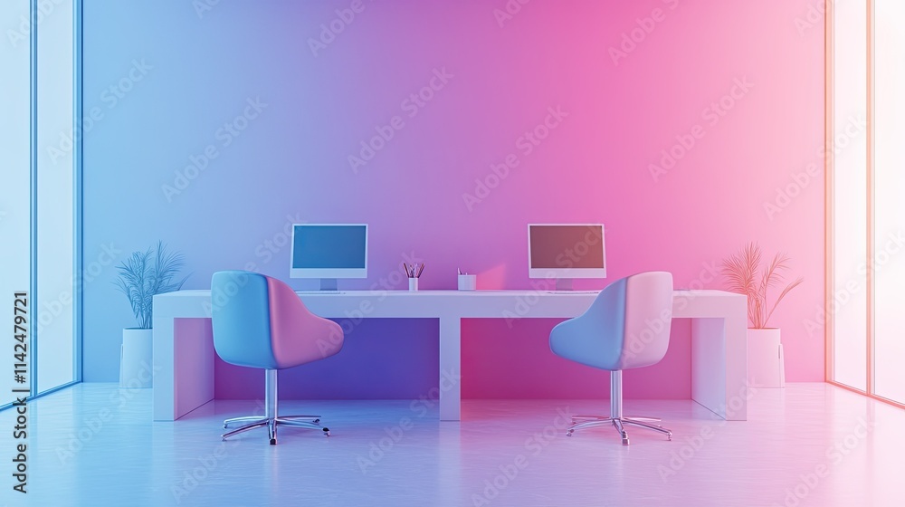 Modern Minimalist Office Workspace with Pink and Blue Gradient Walls Modern Minimalist Office Workspace with Pink and Blue Gradient Walls