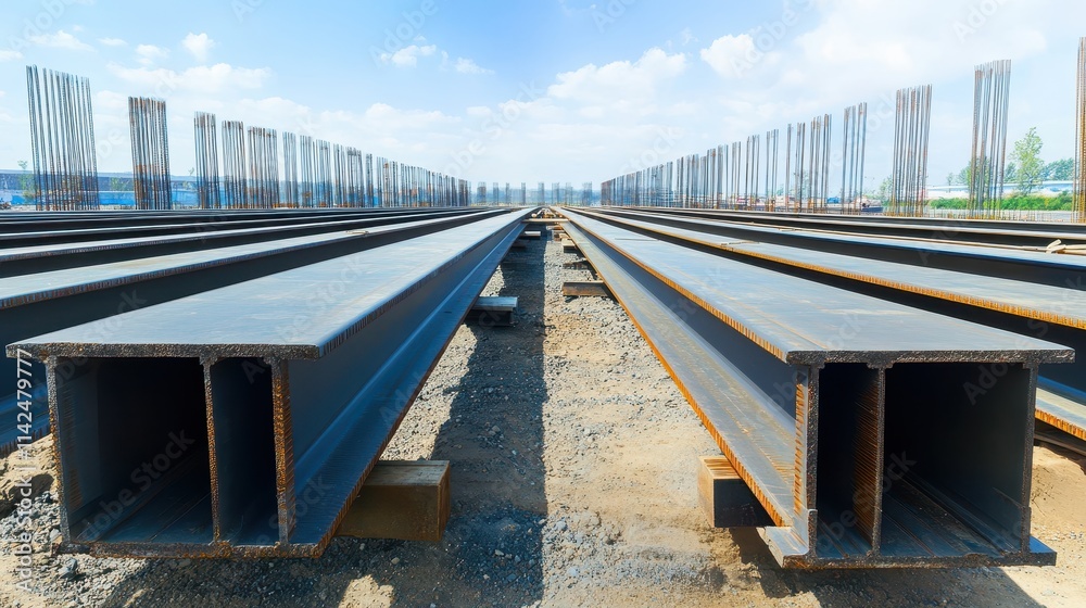 Obraz premium A wide view of steel beams laid out in a construction yard, surrounded by a clear blue sky and various structural elements in the background.