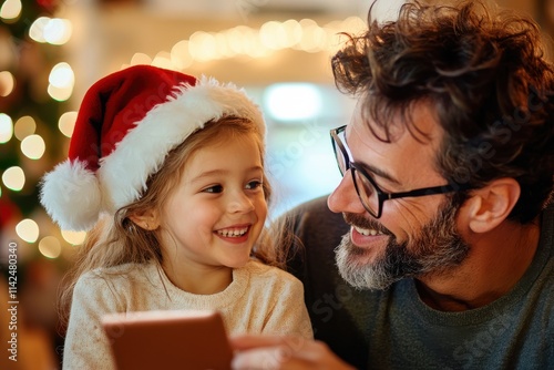 A father and daughter share a joyful moment in a festive setting, with warm decorations and a Santa hat enhancing the holiday atmosphere and family bond. photo