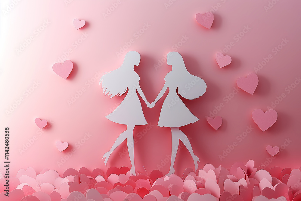Fototapeta premium Paper Silhouettes of Women Surrounded by Pink Hearts