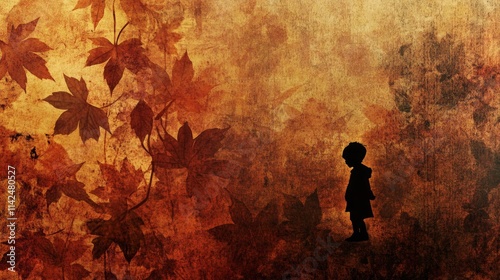 A young child observes colorful autumn leaves in a peaceful setting