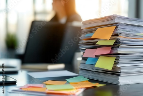 The image captures a stack of office papers adorned with sticky notes, reflecting the busy and vibrant atmosphere of a corporate setting, highlighting task management. photo