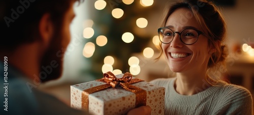 A joyful woman wearing glasses and a cozy sweater is receiving a gift, capturing a moment of connection in a warm, festive setting with glowing lights. photo