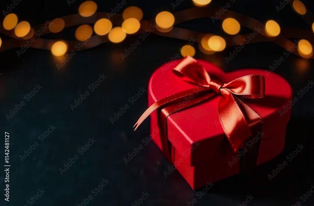 A red heart-shaped gift box with a red ribbon on a dark background, with blurred garland lights in the background. Place for text. A red heart-shaped gift box with a red ribbon on a dark background, with blurred garland lights in the background. Place for text.