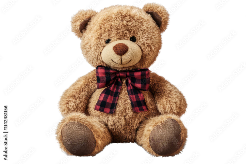 teddy bear with tartan bow on transparent background