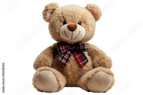 teddy bear with tartan bow on transparent background photo