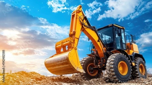 Powerful Excavator Performing Earthwork at Scenic Countryside Worksite