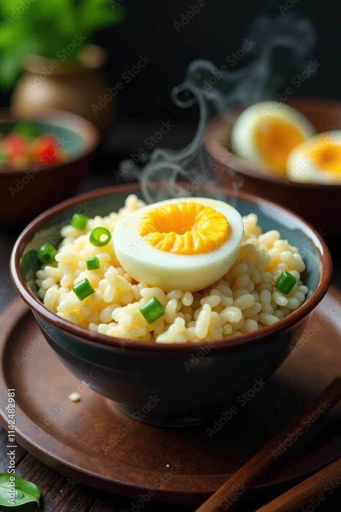 A boiled duck egg is placed on top of a steaming bowl of rice, Asian dish,, nutrition A boiled duck egg is placed on top of a steaming bowl of rice, Asian dish,, nutrition
