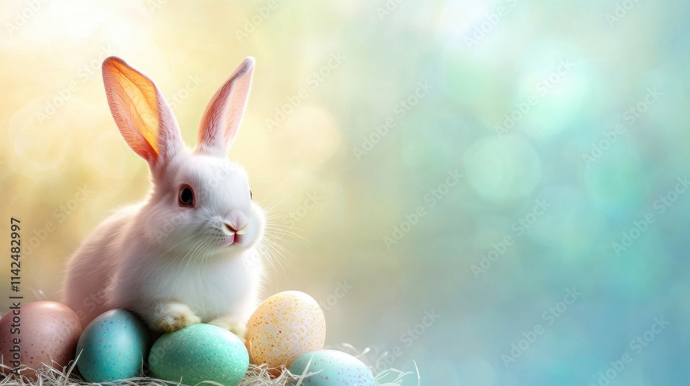 A luminous Easter cross with a playful bunny and vibrant eggs, set on a dreamy pastel background with text space. A luminous Easter cross with a playful bunny and vibrant eggs, set on a dreamy pastel background with text space.