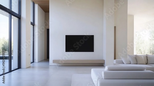 Bright and Airy Modern Living Room with Neutral Tones and Empty Wall