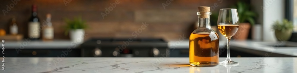 A bottle of wine vinegar on a marble countertop against a blurry backdrop with faint reflections, drink, condiment A bottle of wine vinegar on a marble countertop against a blurry backdrop with faint reflections, drink, condiment