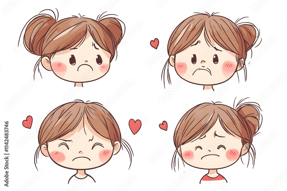 Little Girl Showing Different Sad Expressions With Hearts Little Girl Showing Different Sad Expressions With Hearts