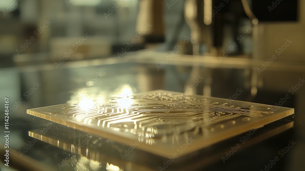 A close-up view of a microchip resting on glass, with etched pathways and a shimmering reflection emphasizing precision engineering A close-up view of a microchip resting on glass, with etched pathways and a shimmering reflection emphasizing precision engineering