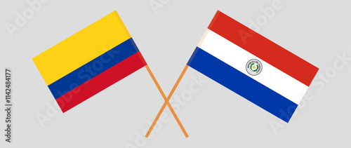 Crossed flags of Colombia and Republic of Paraguay. Official colors. Correct proportion. Vector illustration