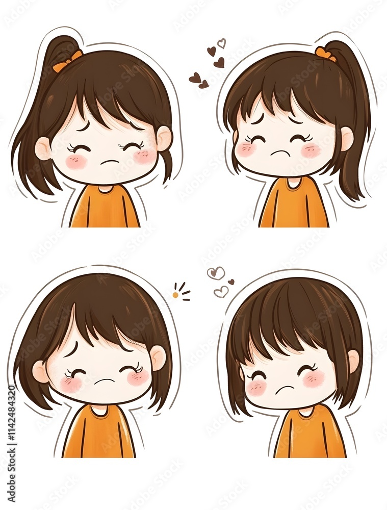 Four illustrations of a sad girl with different hairstyles Four illustrations of a sad girl with different hairstyles