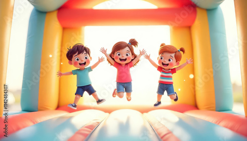 Children having fun jumping on a bouncy castle park playtime scene bright environment joyful viewpoint