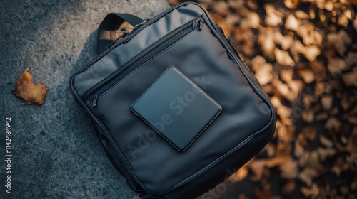 Grey stylish laptop bag with device on concrete background,top view