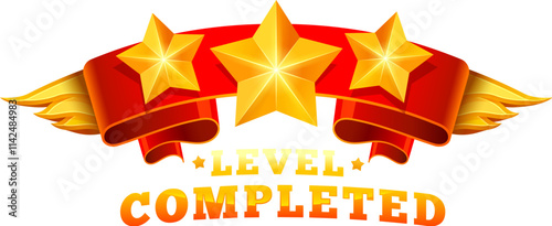 Level complete game asset icon, level up and win badge. Vector golden stars, wings and red banner. Casino bonus, rank reward, victory, success achievement award trophy, mobile app winner surprise gift