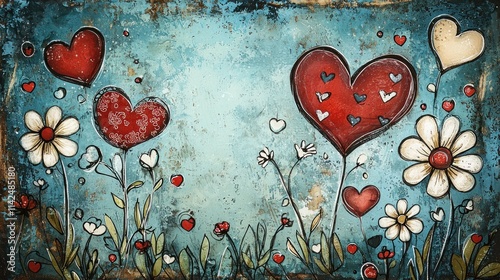 An artistic portrayal of a hand-drawn Valentine's Day card with whimsical elements like flowers and hearts