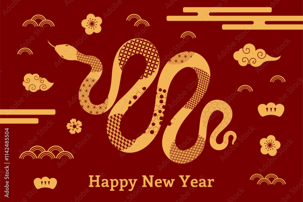 2025 Chinese New Year snake, abstract elements, clouds, flowers, typography Happy New Year, gold on red. Vector illustration. Line art. Asian style design. Concept holiday card, banner, poster, decor 2025 Chinese New Year snake, abstract elements, clouds, flowers, typography Happy New Year, gold on red. Vector illustration. Line art. Asian style design. Concept holiday card, banner, poster, decor
