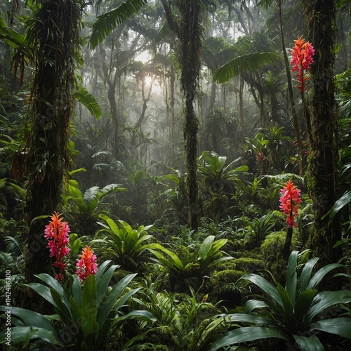 A lush rainforest with orchids and bromeliads growing on trees. photo