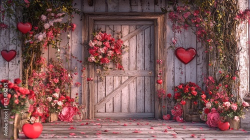 An artistic portrayal of a Valentine's Day-themed entryway, complete with flowers and festive touches