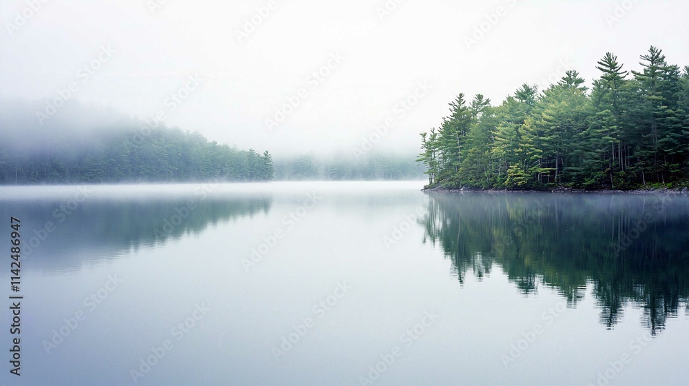 Fototapeta premium Tranquil Lake Landscape at Sunrise with Reflections of Trees and Fog in a Summer Park