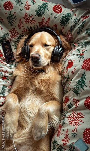 Wallpaper Mural A golden retriever dog is laying on a bed, wearing headphones and listening to music from a smartphone. The dog is surrounded by a christmas pattern pillow, and the image is taken from a top-down  Torontodigital.ca