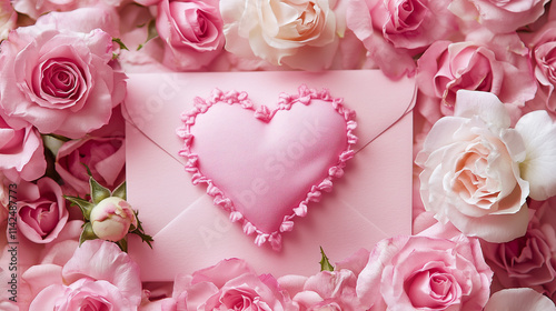 bouquet of pink roses with heart and envelope