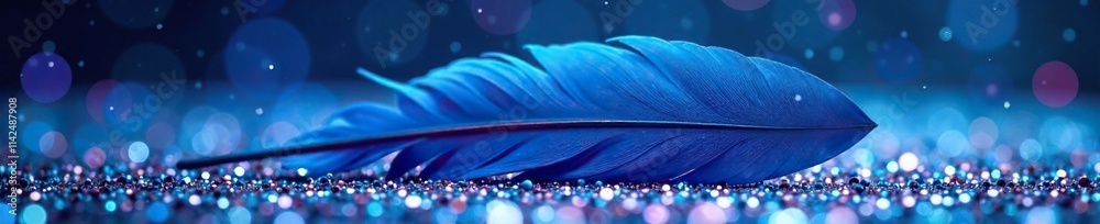 A bundle of blue feathers arranged artfully on a bed of sparkly silver dust against a rich blue and purple glitter backdrop, decorative arrangement, luxurious decoration, fine texture A bundle of blue feathers arranged artfully on a bed of sparkly silver dust against a rich blue and purple glitter backdrop, decorative arrangement, luxurious decoration, fine texture