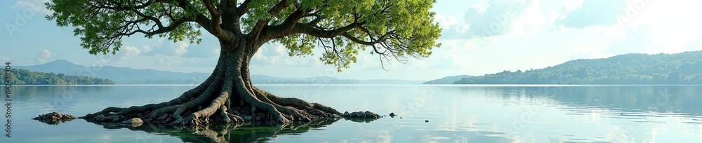Acacia tree with roots exposed in the lake's surface, acacia tree, lake scenery, botanical interest Acacia tree with roots exposed in the lake's surface, acacia tree, lake scenery, botanical interest