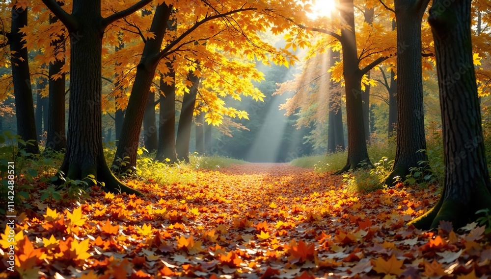 A carpet of fallen leaves underfoot in a forest clearing, outdoor landscape, autumnal atmosphere, nature's carpet A carpet of fallen leaves underfoot in a forest clearing, outdoor landscape, autumnal atmosphere, nature's carpet