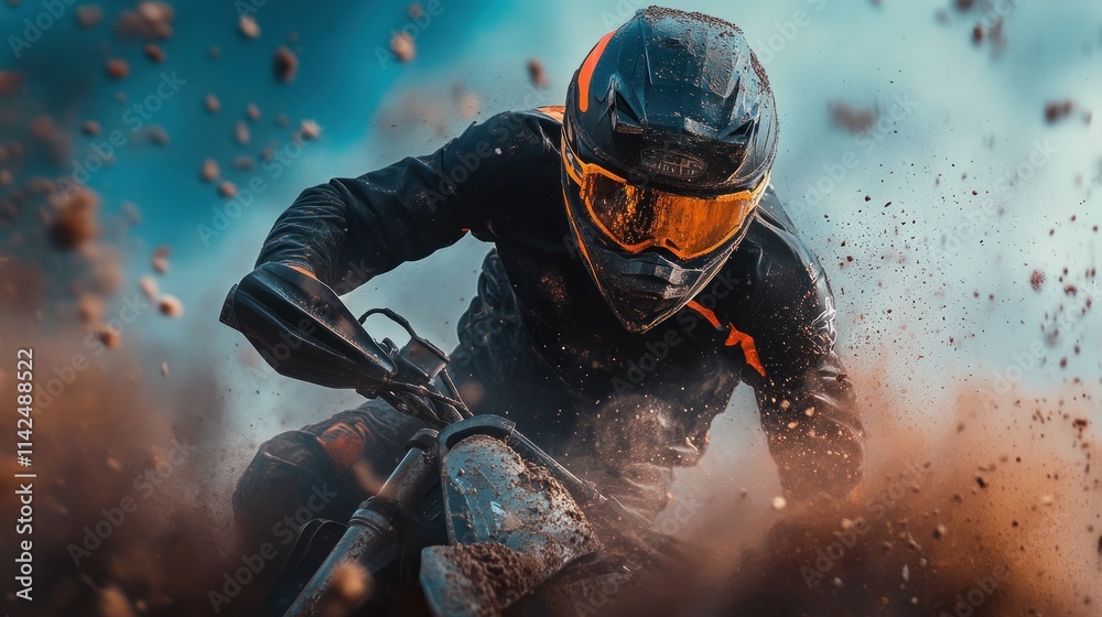 Obraz premium closeup shot of Motorcyclist in Full Gear Racing Through a Vibrant Urban Scene, Capturing Speed, Precision, and the Thrill of the Ride