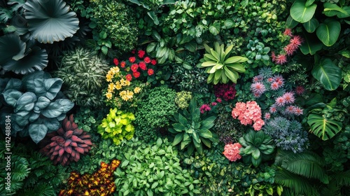 Lush Vertical Garden: A Tapestry of Tropical Greenery and Vibrant Blossoms
