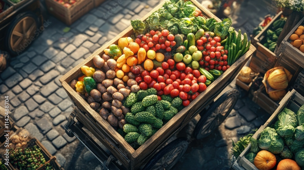 Fresh Produce Market Cart: A vibrant display of colorful fruits and vegetables overflowing from a rustic wooden cart in a bustling marketplace. Fresh Produce Market Cart: A vibrant display of colorful fruits and vegetables overflowing from a rustic wooden cart in a bustling marketplace.