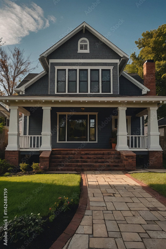 Two-Story House with Front Porch and Stone Walkway Two-Story House with Front Porch and Stone Walkway