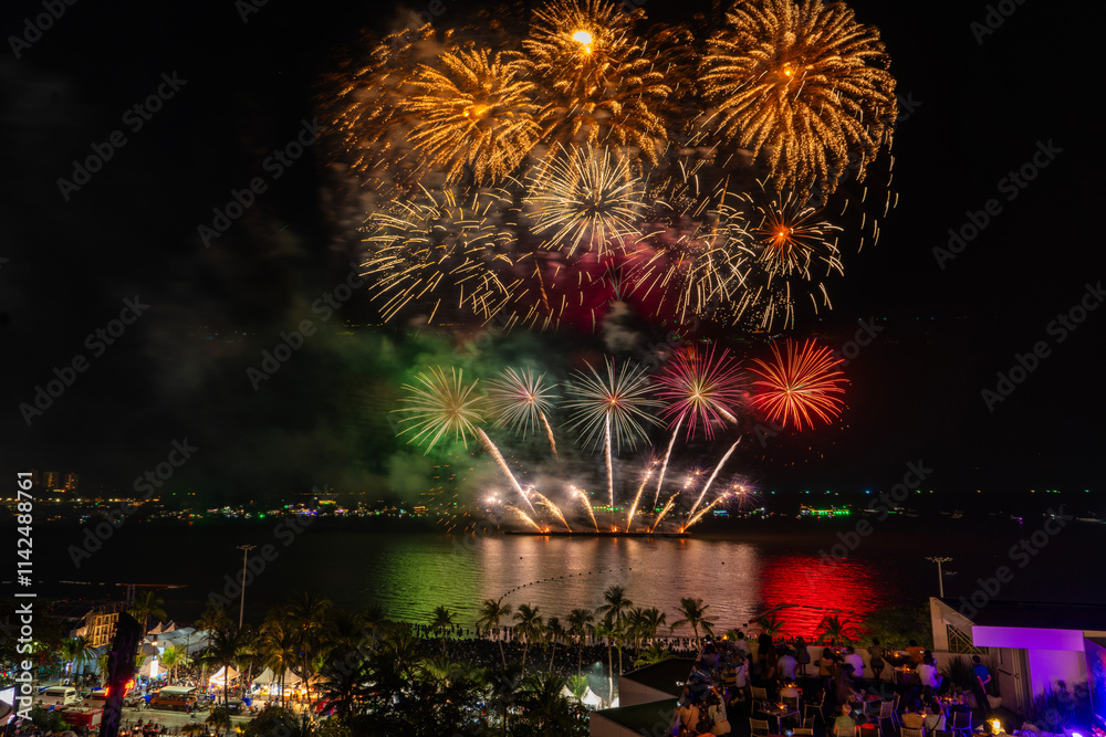 Fireworks on the beach at the Pattaya International Fireworks Festival 2024 held at Pattaya Beach, Chonburi Province in Thailand,