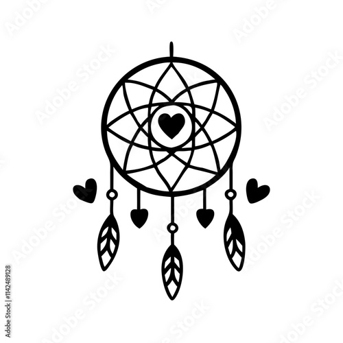 Dreamcatcher icon with hearts and feathers, symbolizing love and positivity