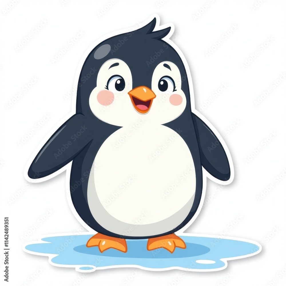 Obraz premium Adorable cartoon penguin standing on ice, perfect for children's books, cards, or websites