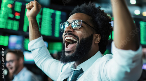 Excited trader celebrating successful stock market trade in bustling environment
