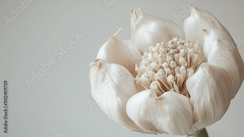 Close-up image of fresh garlic head with off-white cloves and subtle texture, isolated on a white background, crisp detail and natural appearance  photo