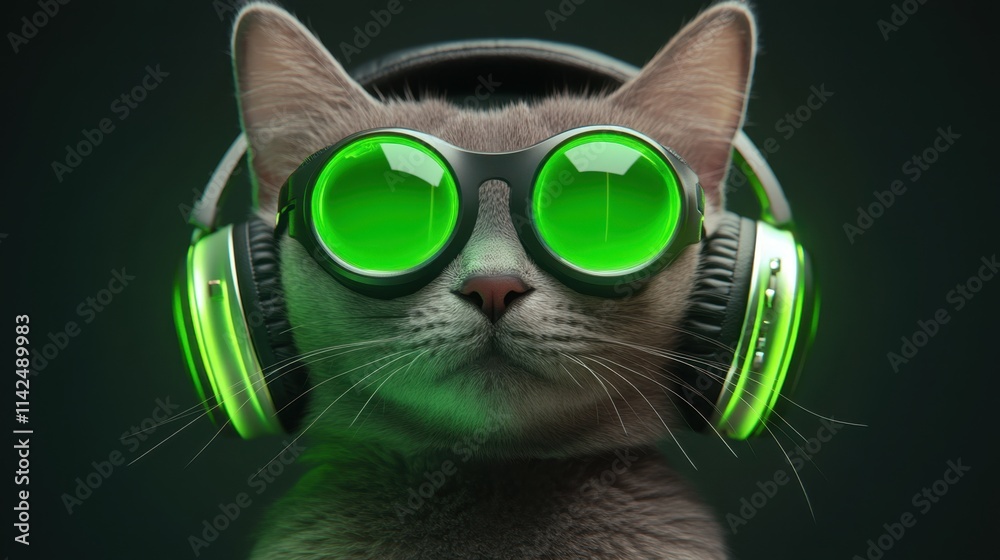 Fototapeta premium Cat wearing green-tinted goggles and headphones, with a dark background