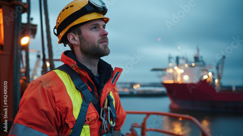 maintenance engineer worker in safety gear gazes at harbor