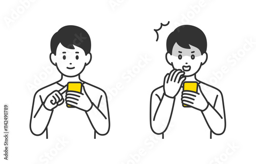 スマホを見る･ショックのポーズをする若い男性のセット【人物ベクターイラスト素材】