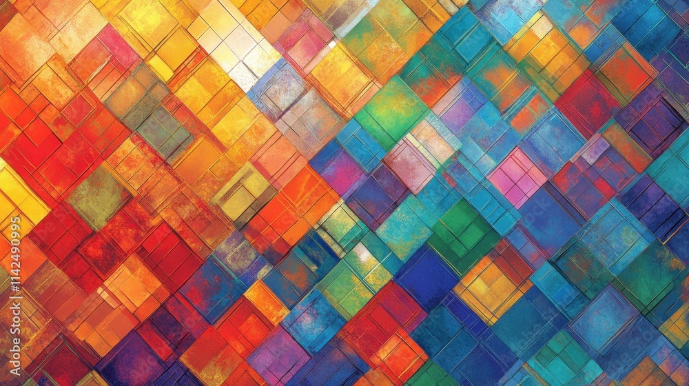 A realistic, detailed abstract mosaic glass background featuring vivid multicolored tiles and soft light transitions. A realistic, detailed abstract mosaic glass background featuring vivid multicolored tiles and soft light transitions.