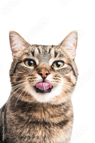 A playful tabby cat sticks out its tongue against a black background, showcasing its curious expression and vibrant green eyes on white background , cut out.	