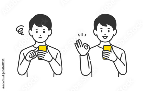 スマホを見て悩む･OKサインのポーズをする若い男性のセット【人物ベクターイラスト素材】